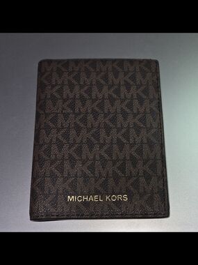 Michael Kors Brown MK Monogram Passport & Card Holder with Gold Logo